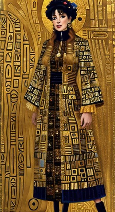 Woman in Trenchcoat with Hieroglyphs, Art Nouveau Style