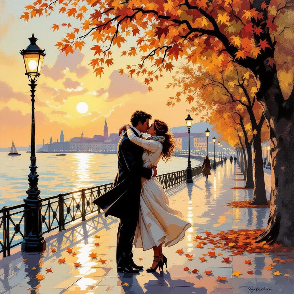 Lovers Embrace in Autumn Light: Vintage Oil Painting