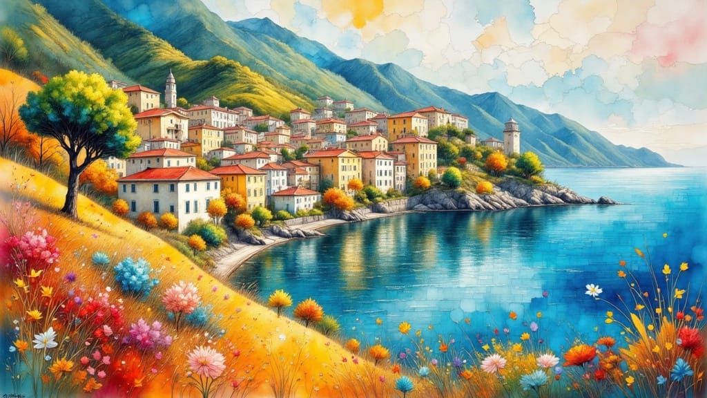 Amalfi Coast Landscape in Watercolor Style