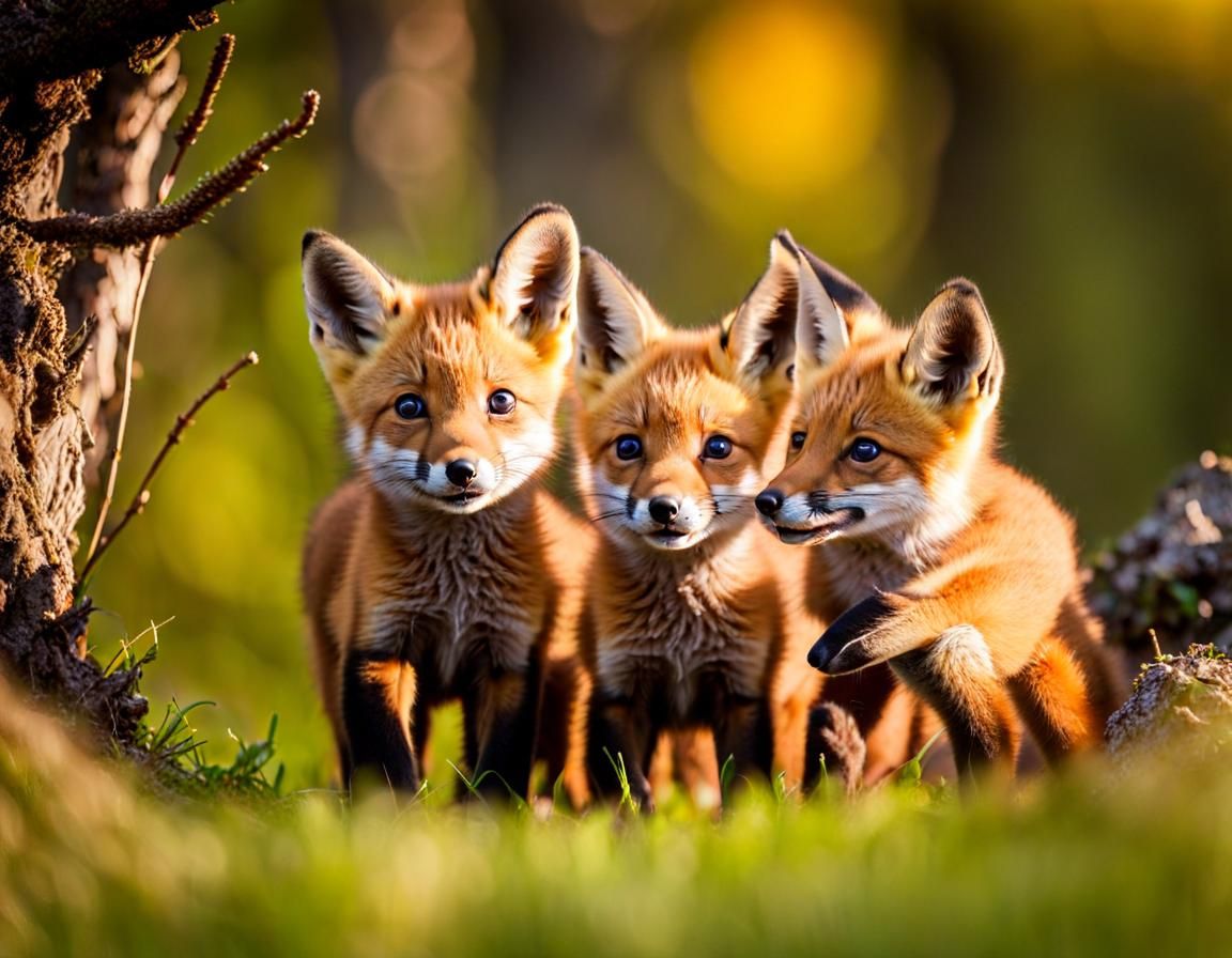 Fox Cubs Playing in Autumn Forest