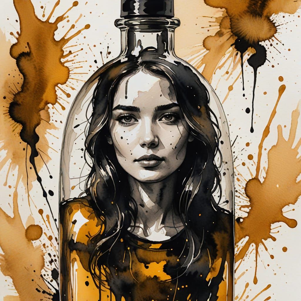 Young Woman Portrait in Bottle, Ink Painting
