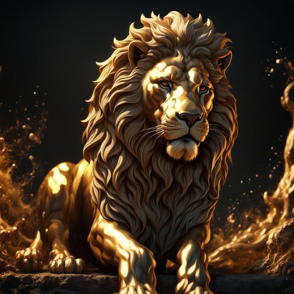 A golden majestic lion against a black background