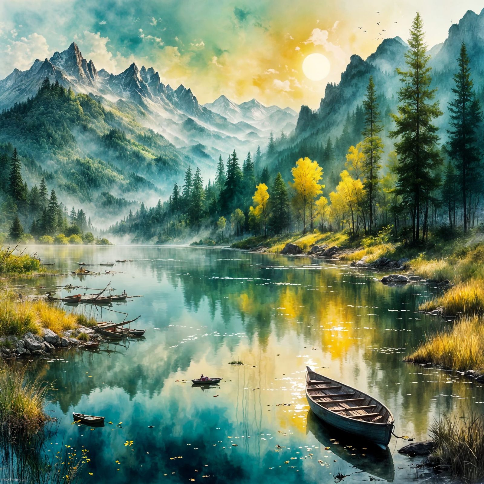 Misty Lake Sunrise in Pastel Colors