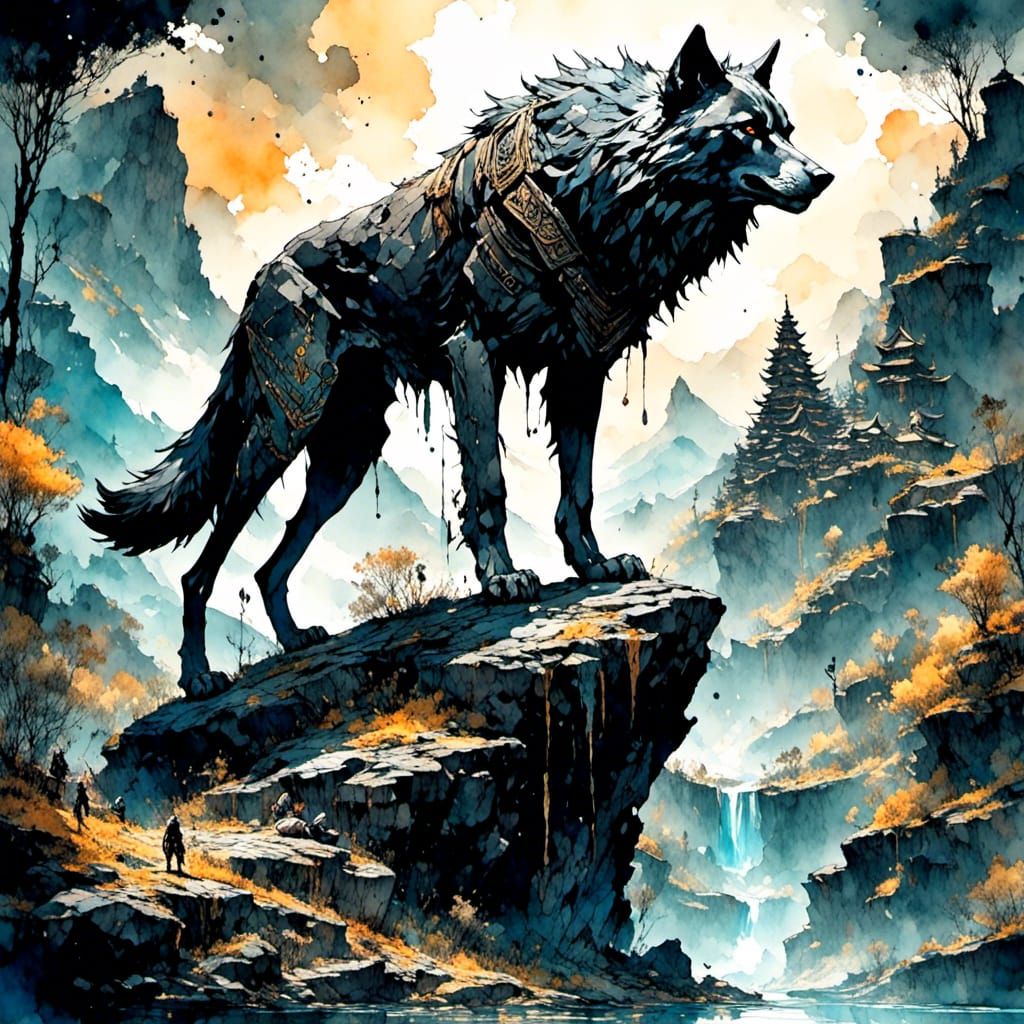 Giant Black Wolf in Norse Mythology Style