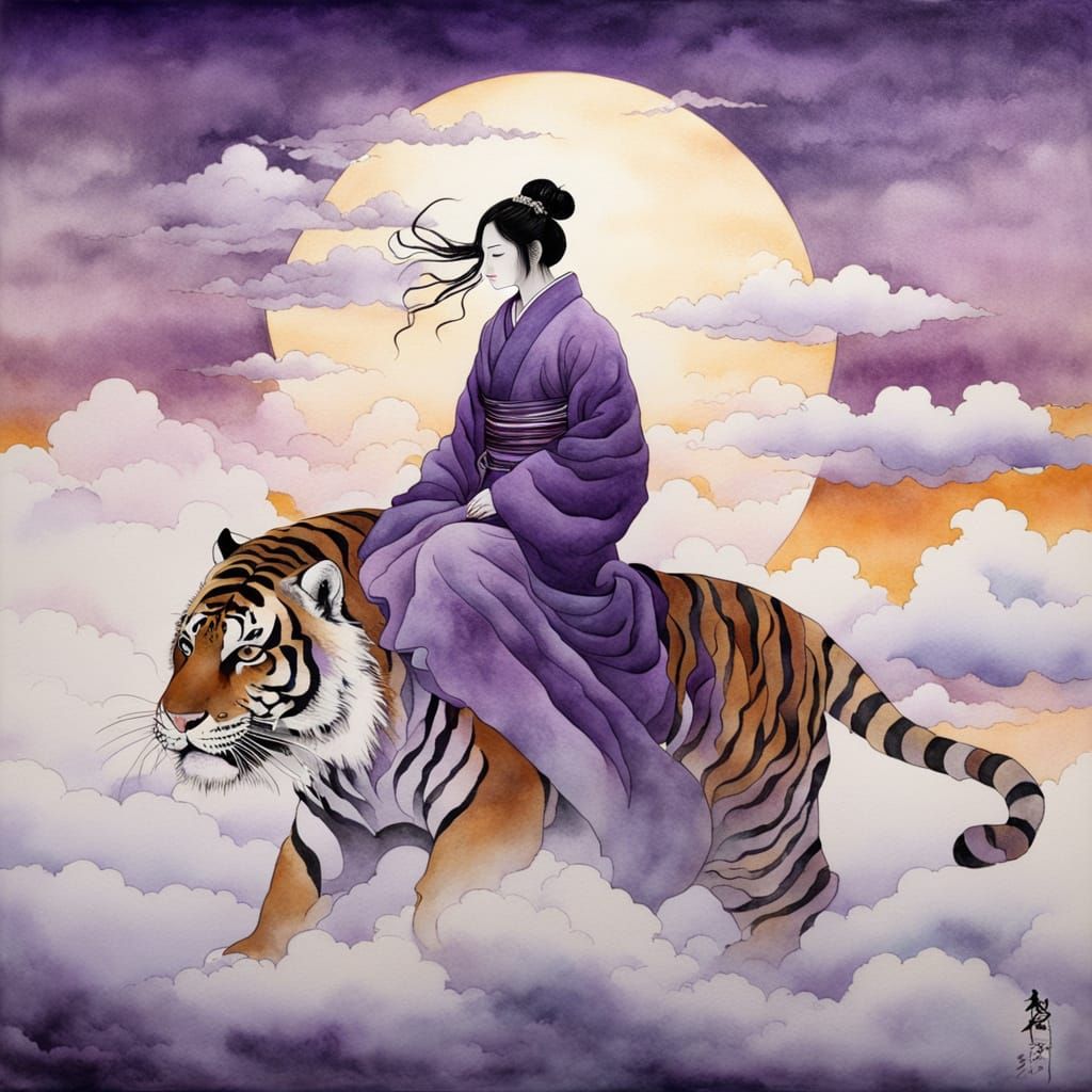 Ethereal Japanese Goddess Riding Tiger in Dawn Sky