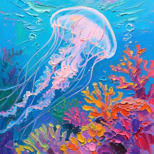Colorful Jellyfish in Coral Reef, Expressionist Impasto