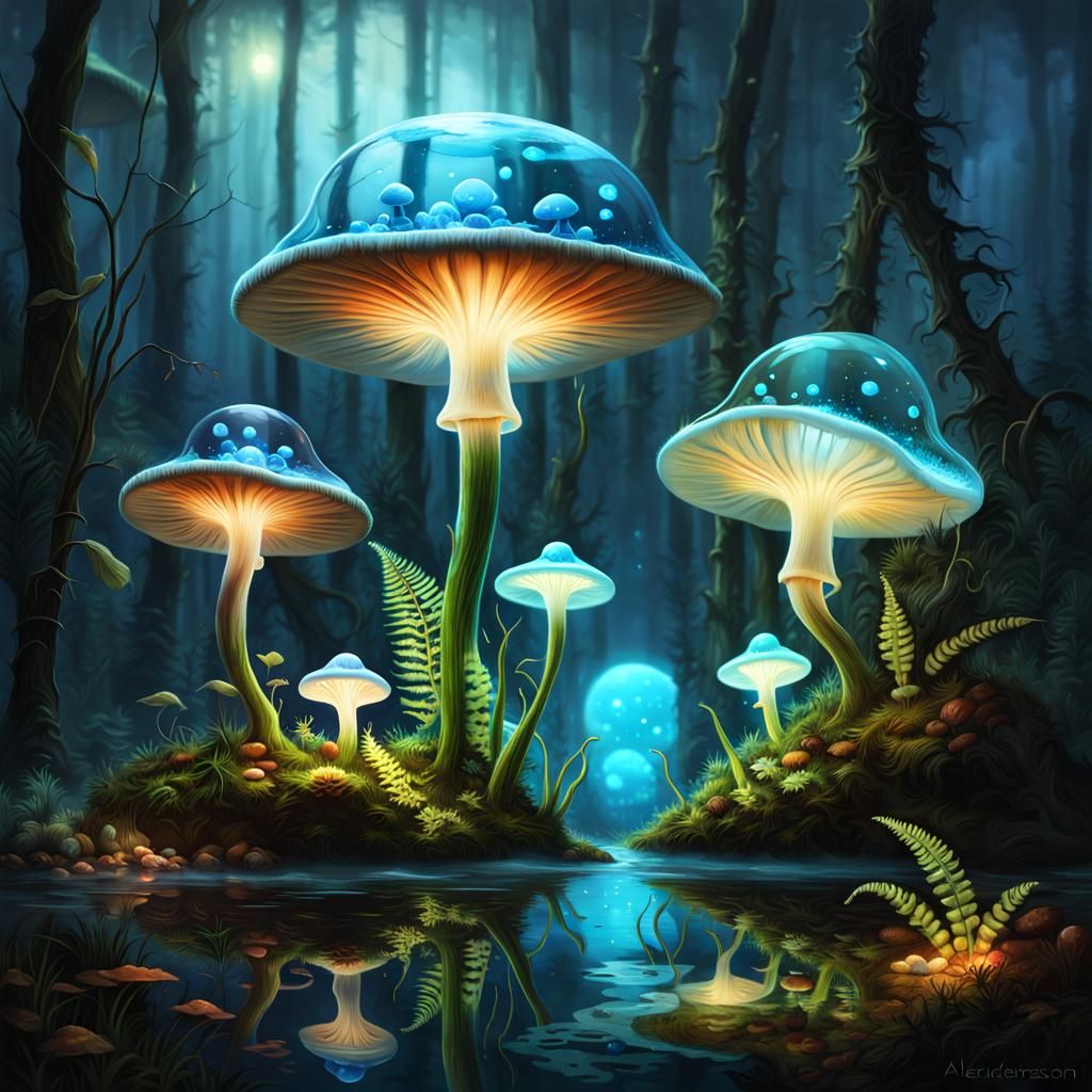 Bioluminescent Mushroom with Cute Alien Newborns