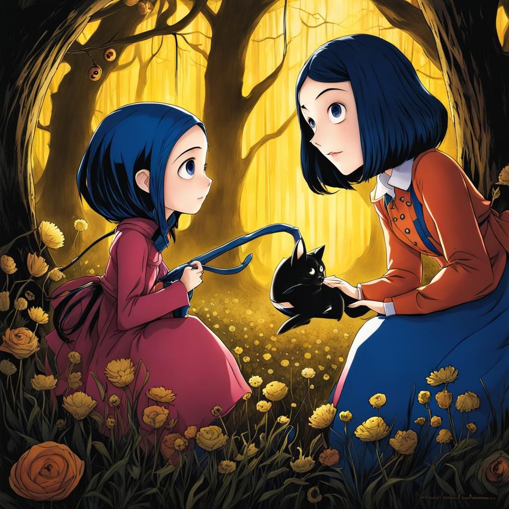 Coraline and the Other Mother in Anime Style