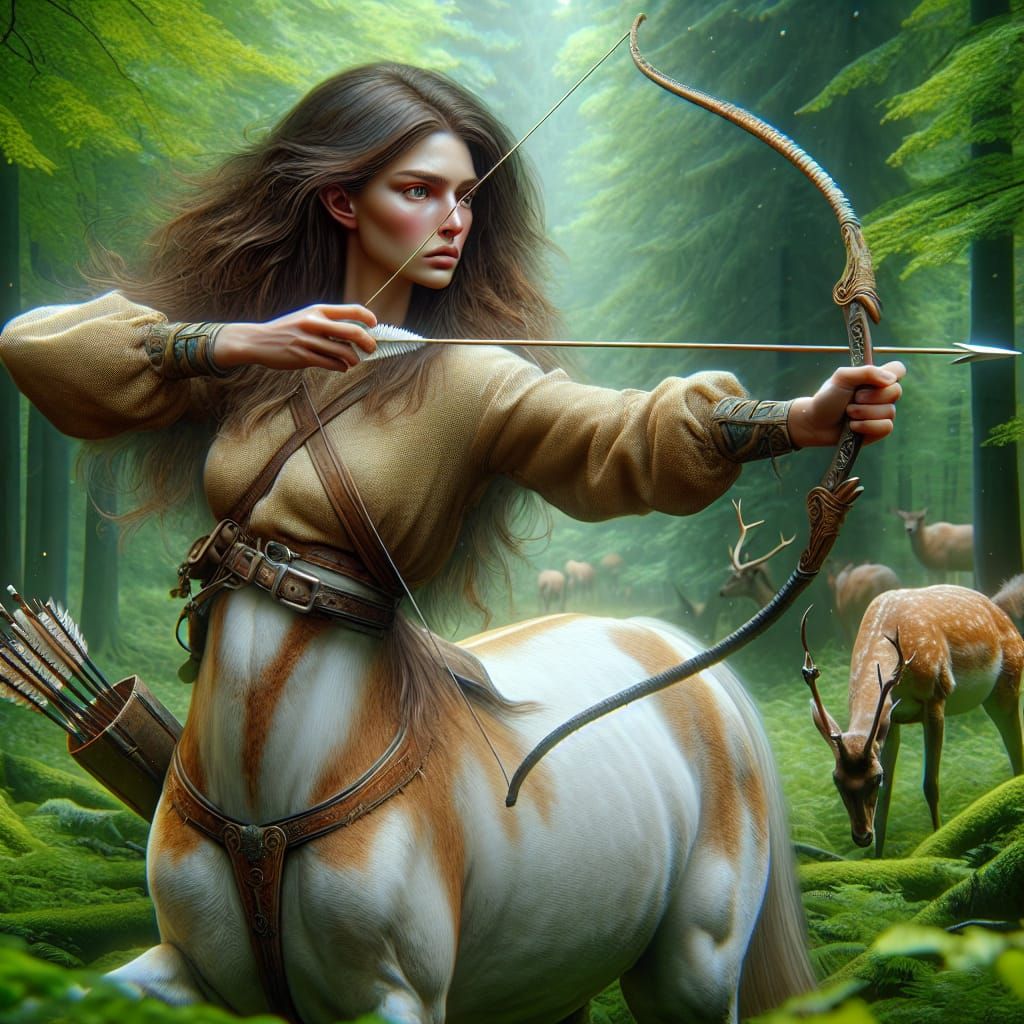 Hyperrealistic Centaur Hunt in Lush Forest