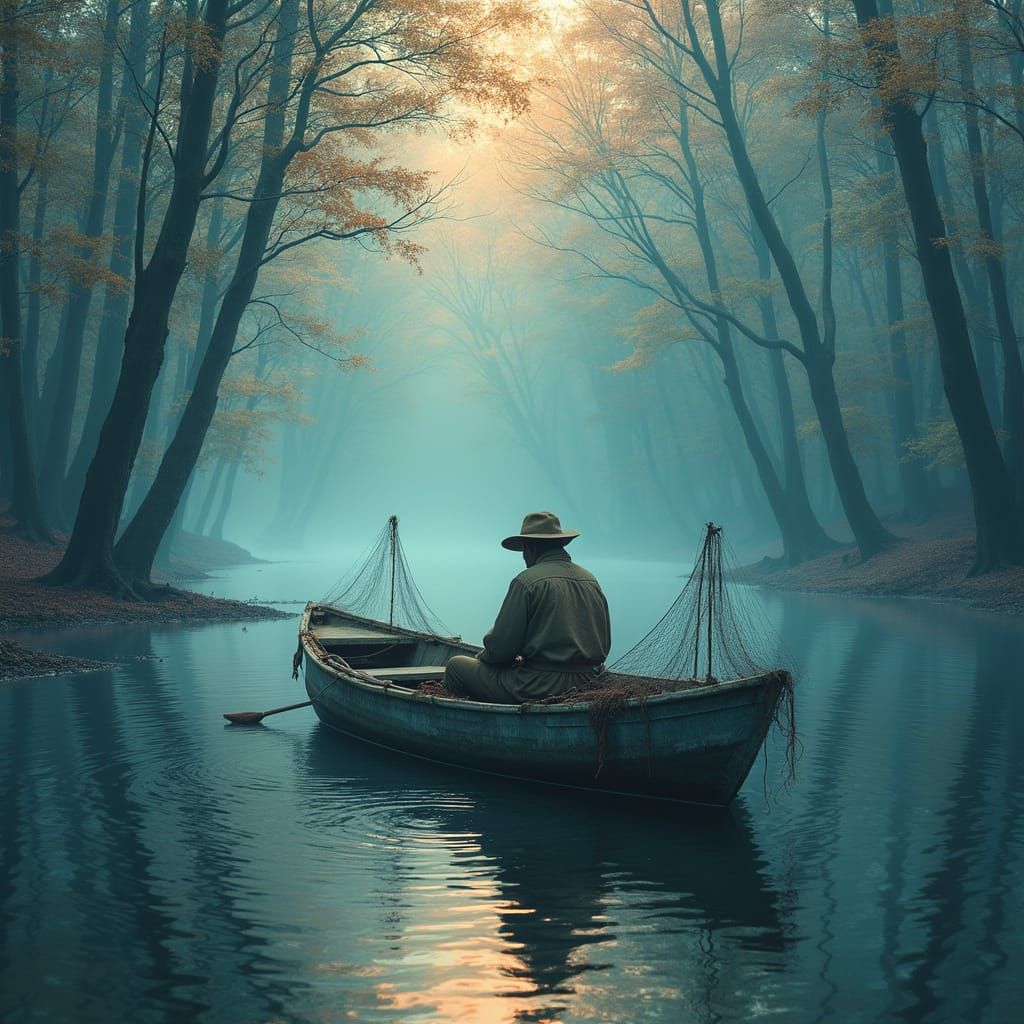 Serene Fisherman in an Iridescent Lake Landscape