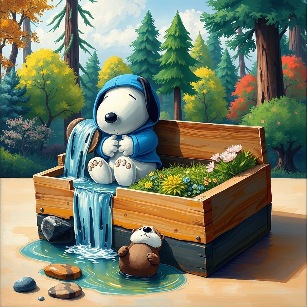 Surrealistic Landscape Oil Painting of Snoopy and Bear in St...
