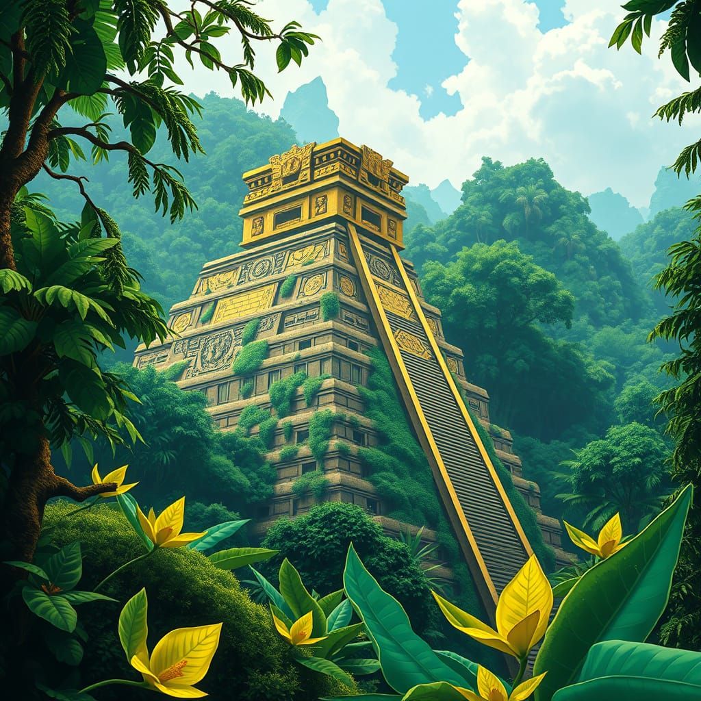 Golden Aztec Pyramid in Emerald Jungle: Anime Style