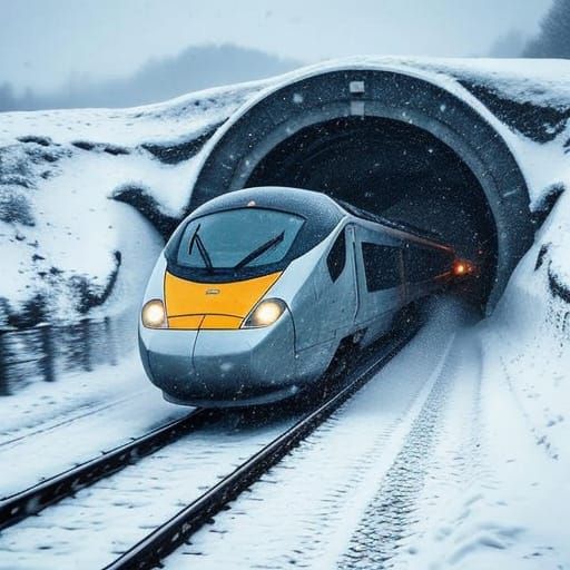 Eurostar Train Emerging from Tunnel in Snowstorm
