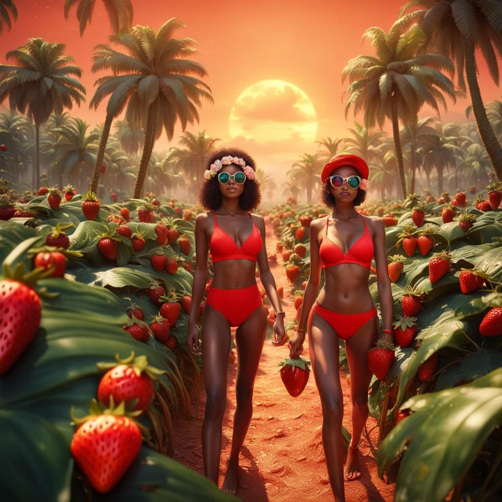 Bikini Models Visit Strawberry Field: Detailed Matte Paintin...