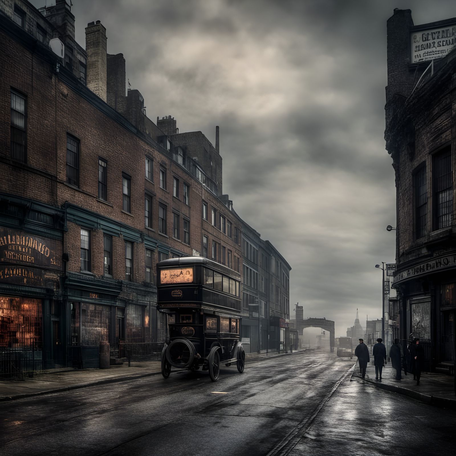 Misty London Street Scene in Eraserpunk Style