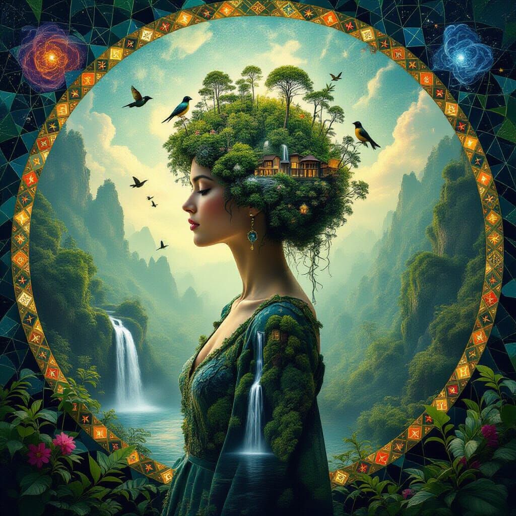 Rainforest Hair Bio-Art Collage in Surreal Style