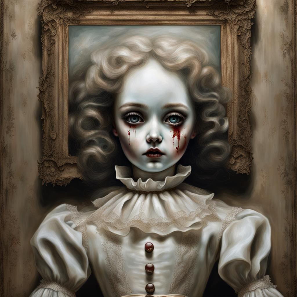 Creepy Porcelain Doll in Horror Painting Style