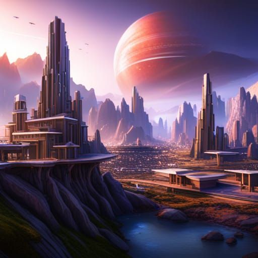 Futuristic Mountain City: Detailed Matte Painting