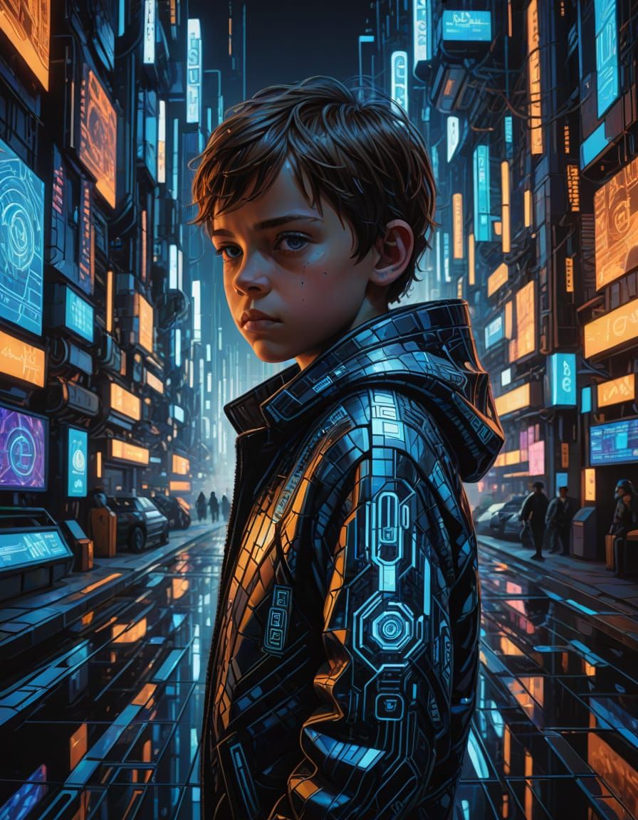 Cyberpunk Mosaic Portrait with Neon Reflections