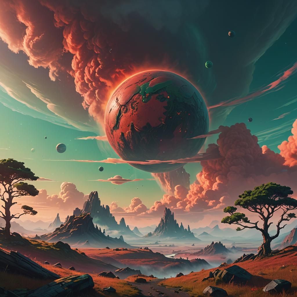 Dreamlike Planet Concept Art in Emerald and Garnet