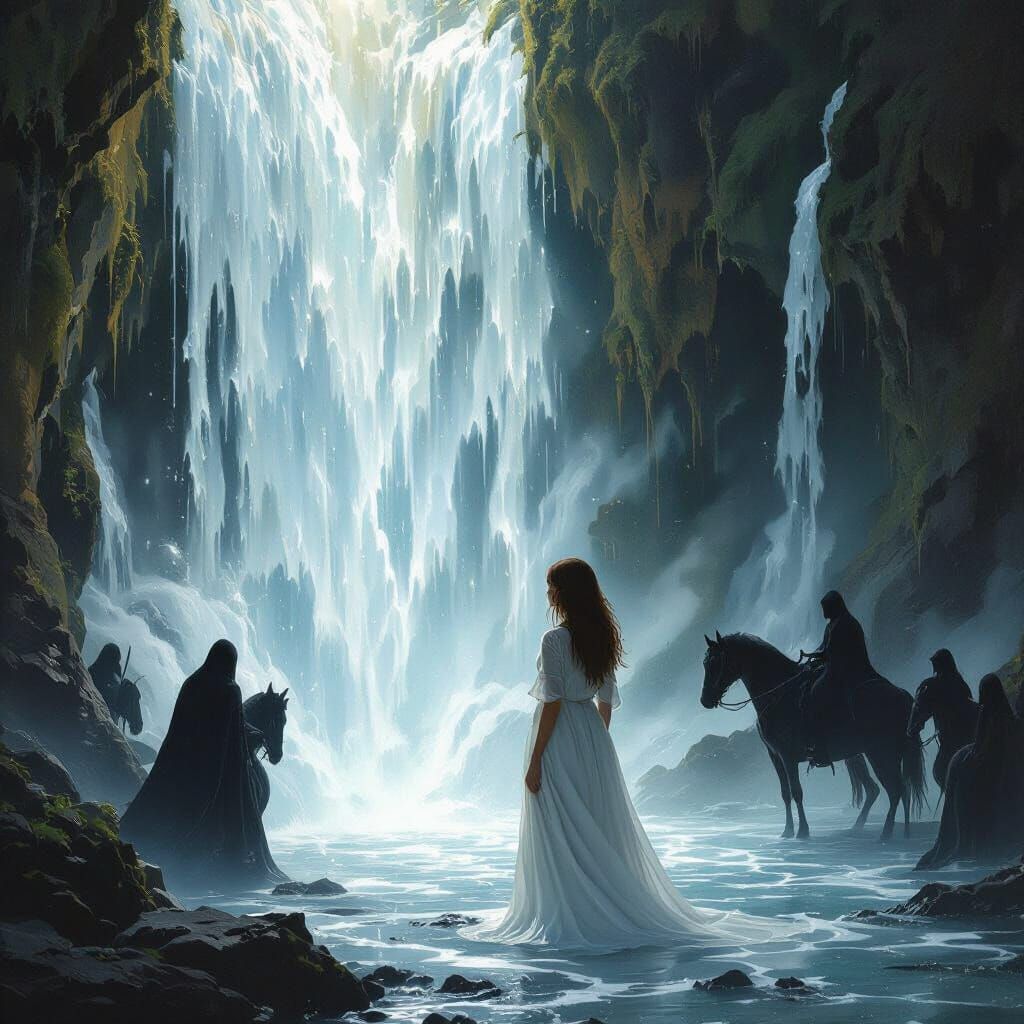 Dreamscape Protection: Woman Beside White Light Waterfall