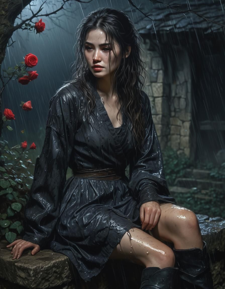Chiaroscuro Oil Painting of Woman in Rainy Ruins