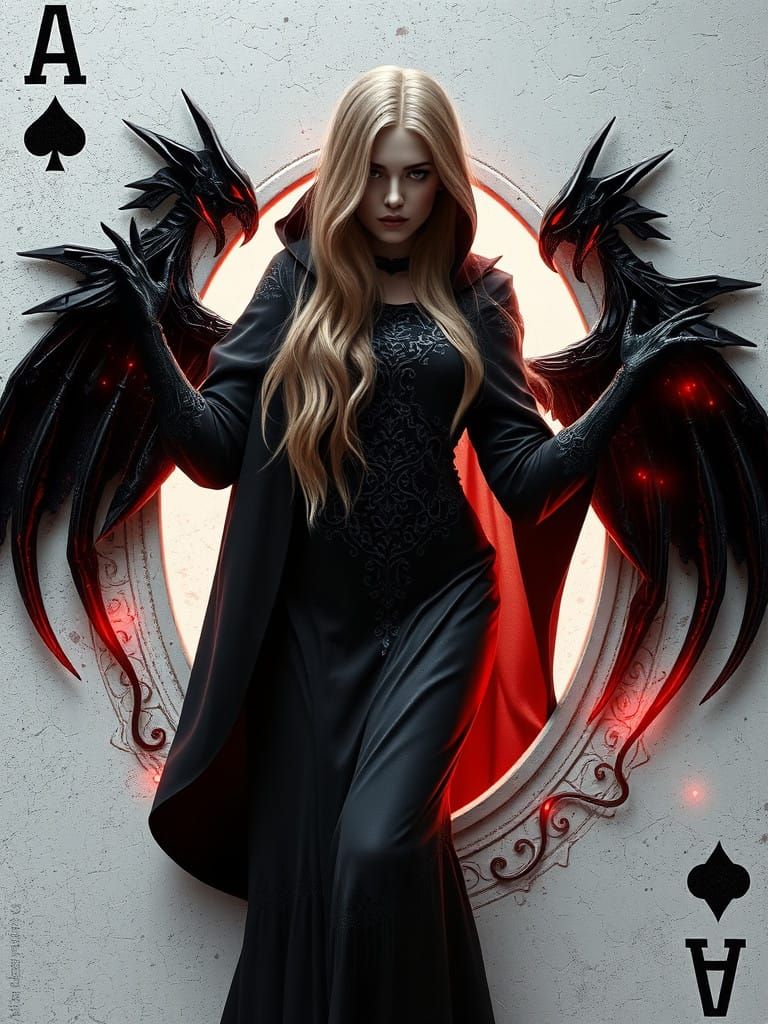 Elegant Teacher Emerges from Card in Dark Fantasy Scene