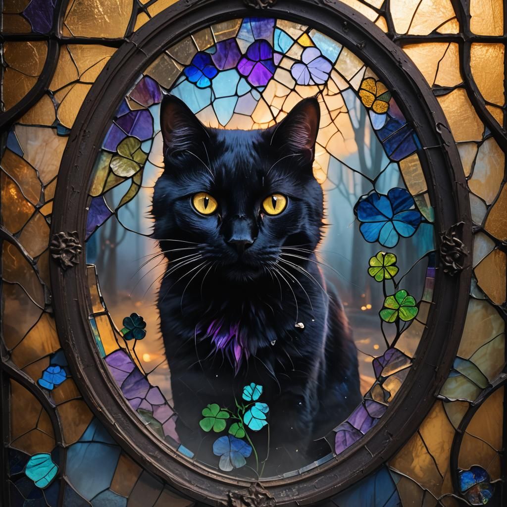 Mystical Black Cat in Stained Glass Mirror