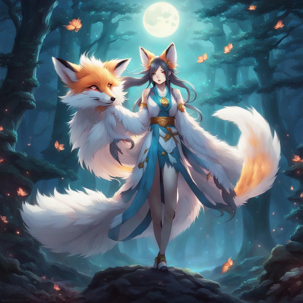Mystical Fox Spirit in Ethereal Moonlight: 3D Anime Art