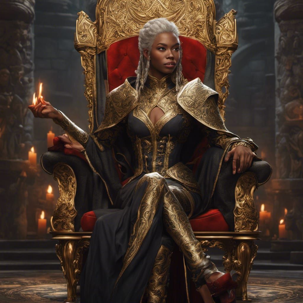 Intricately detailed, medieval style elf-black human mage, wearing gold robe with blond red accents, sitting with knight...