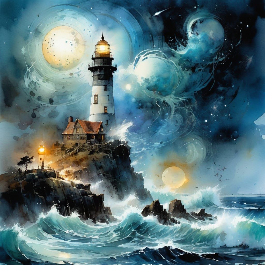 Dramatic Oceanscape: Lighthouse Under Astral Skies, Watercol...