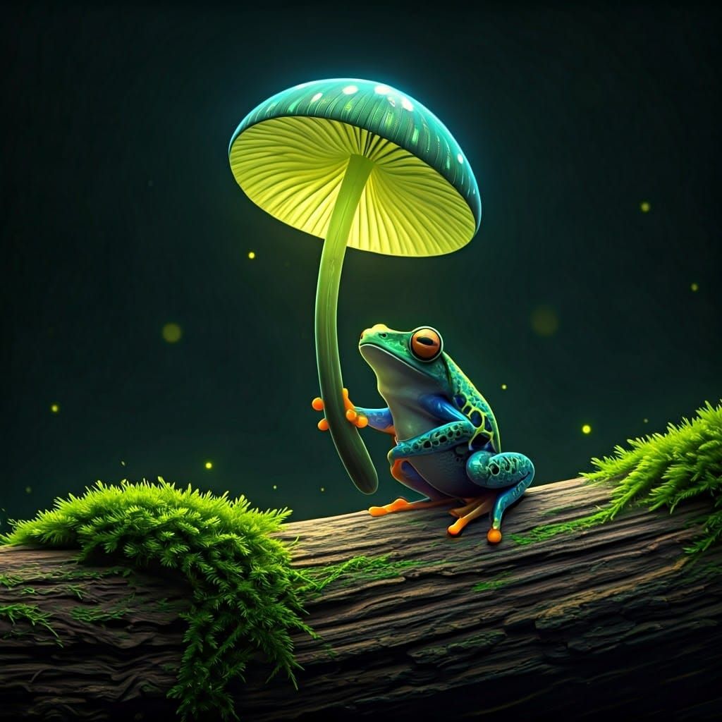 Bioluminescent Mushroom Umbrella Held by Poison Dart Frog