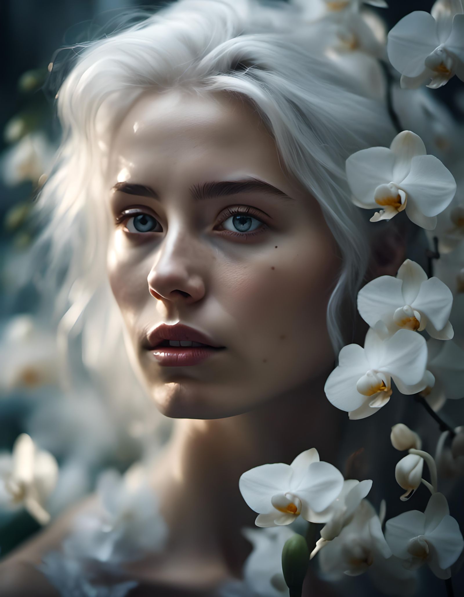 White-Haired Woman with Wild Orchids: Macro Photography