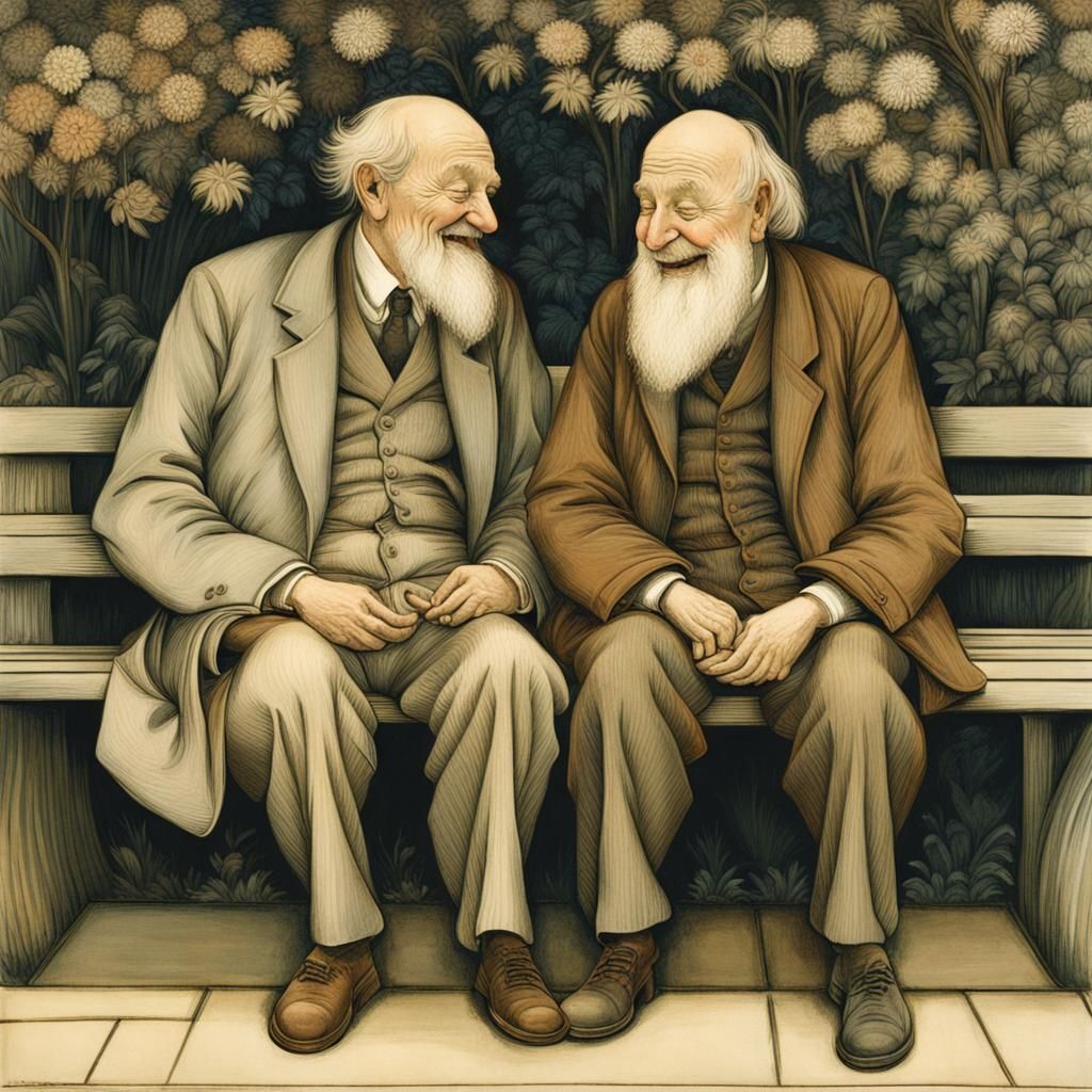 Two Old Men Laughing, Burne-Jones Style Illustration