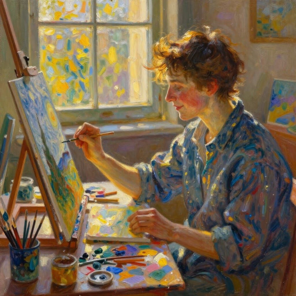 Contented Artist Lost in Creative Flow, Golden Hour