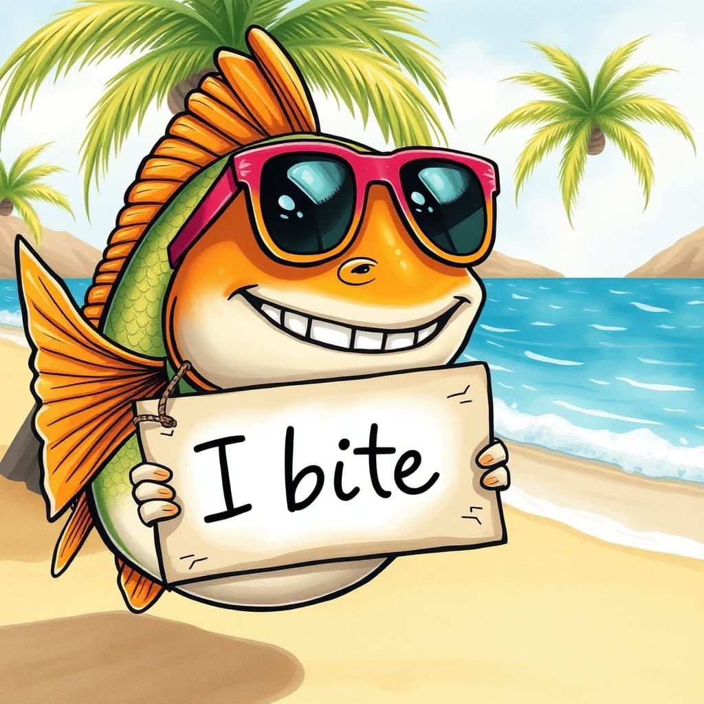 Cartoon Fish with Sign on Greek Beach