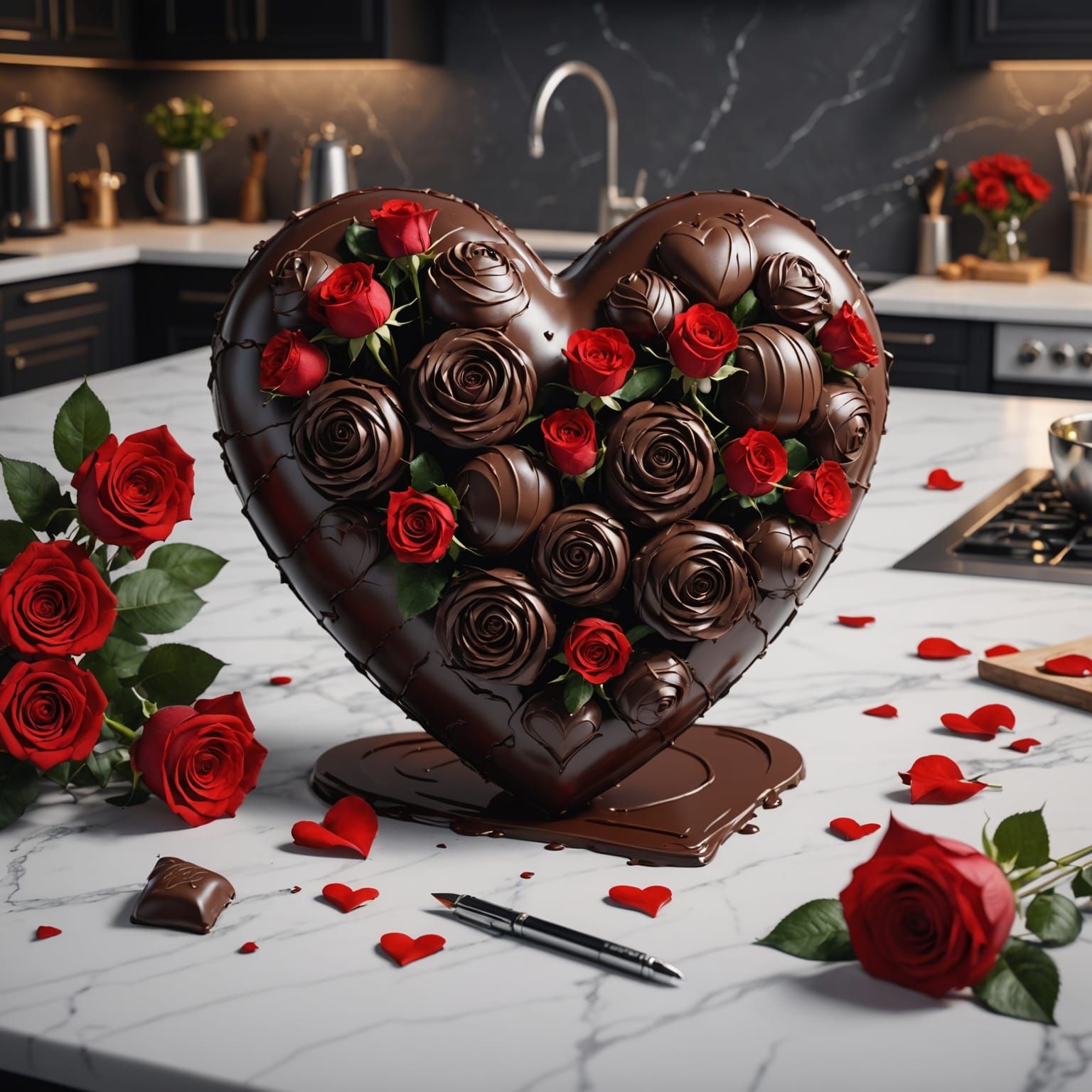 Fantastical Chocolate Heart on Marble Counter in Deep Color