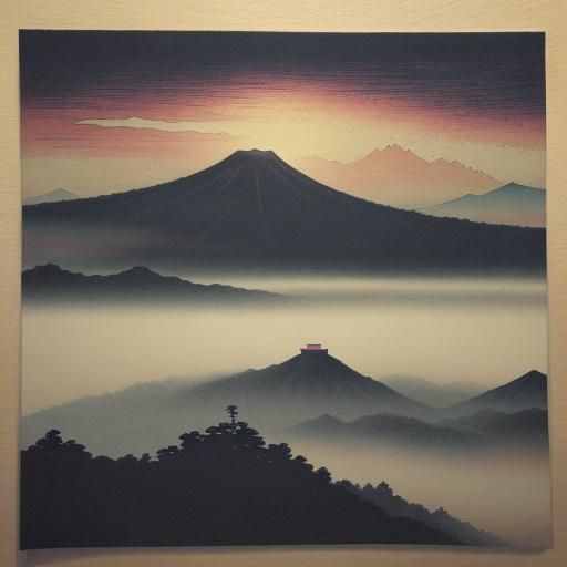 Samurai in Misty Mountains: Ukiyo-e Woodblock Print