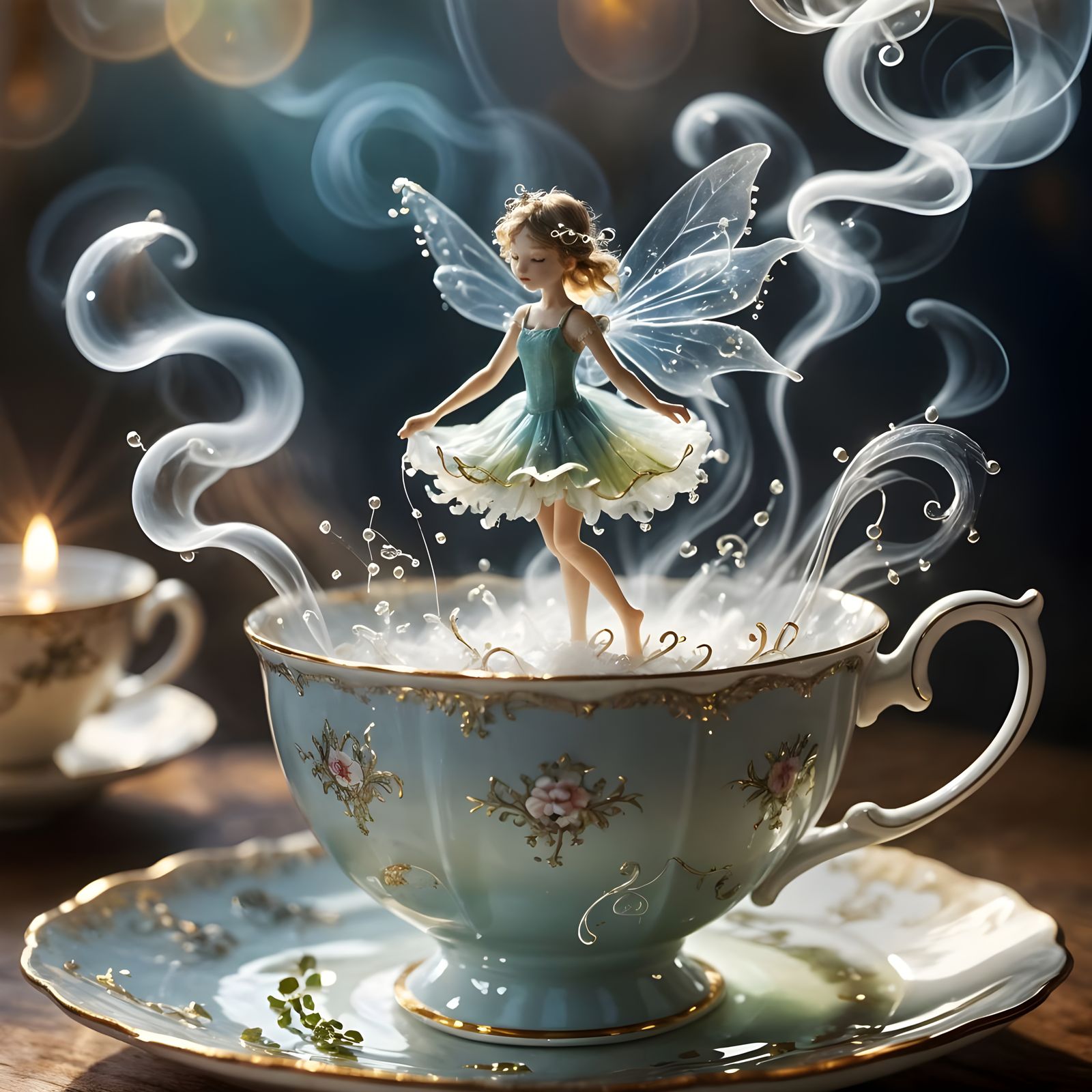 Ethereal Steam Fairy on Teacup in Macro Shot