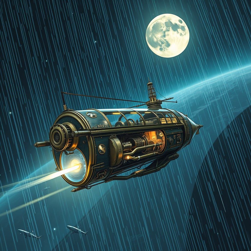 Steampunk Spaceship Under Starry Rain in Space