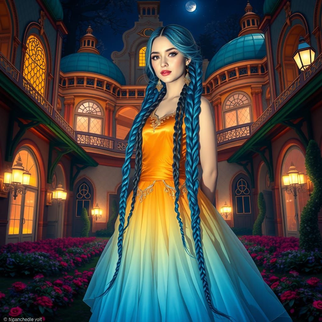 Zarina in Palace Garden with Art Nouveau Architecture