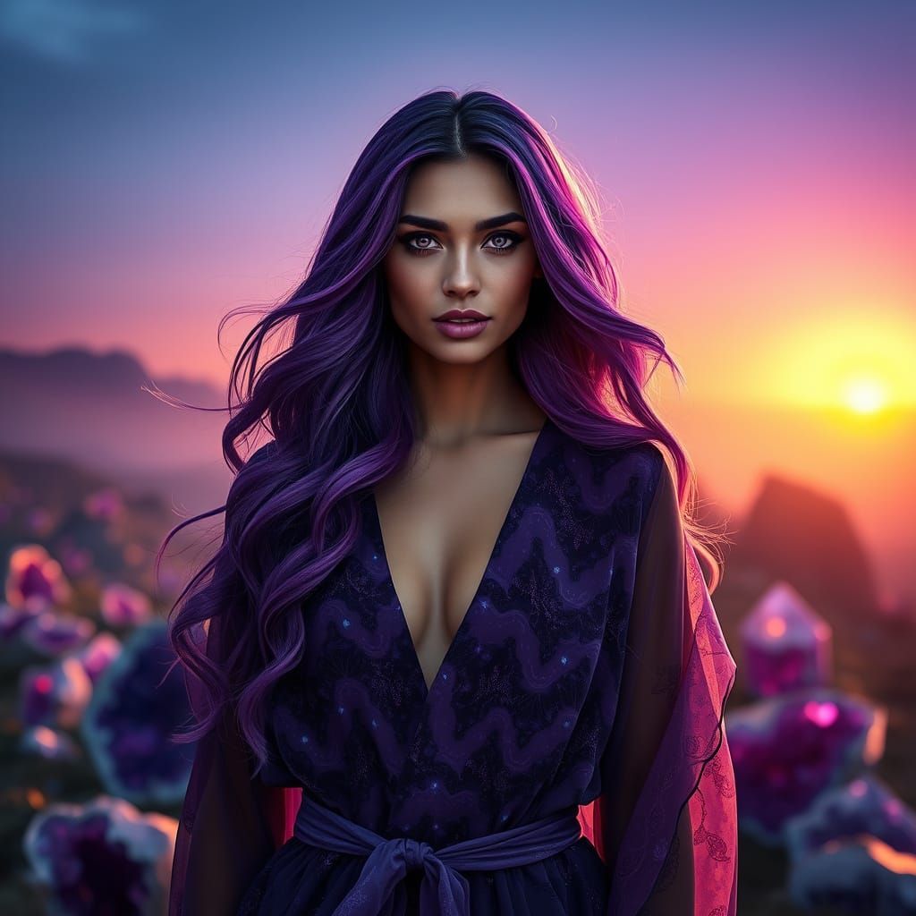Ethereal Maiden Basks in Purple Sunrise Glow