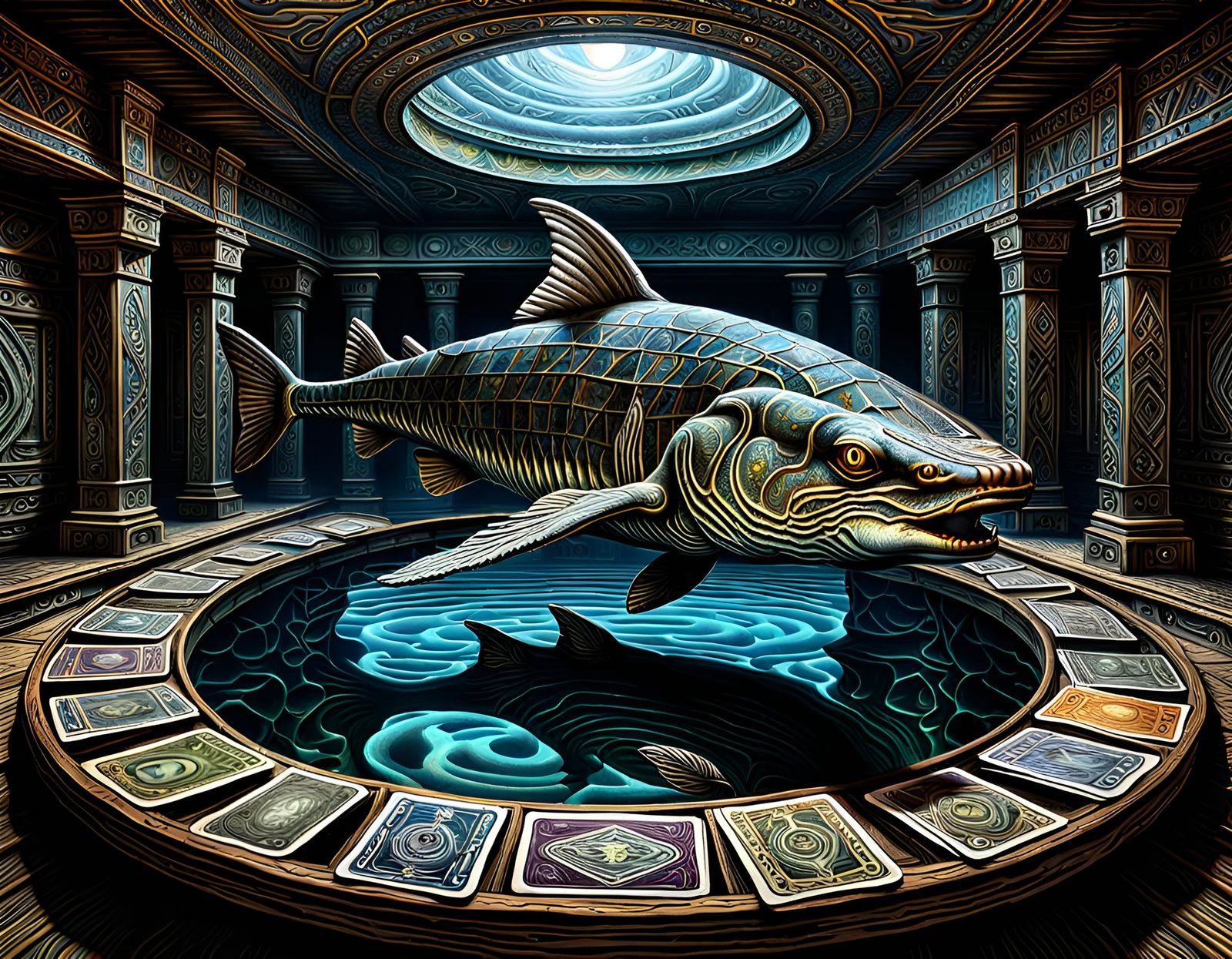 Psychedelic Shark with Tarot Cards in Sunken Ship