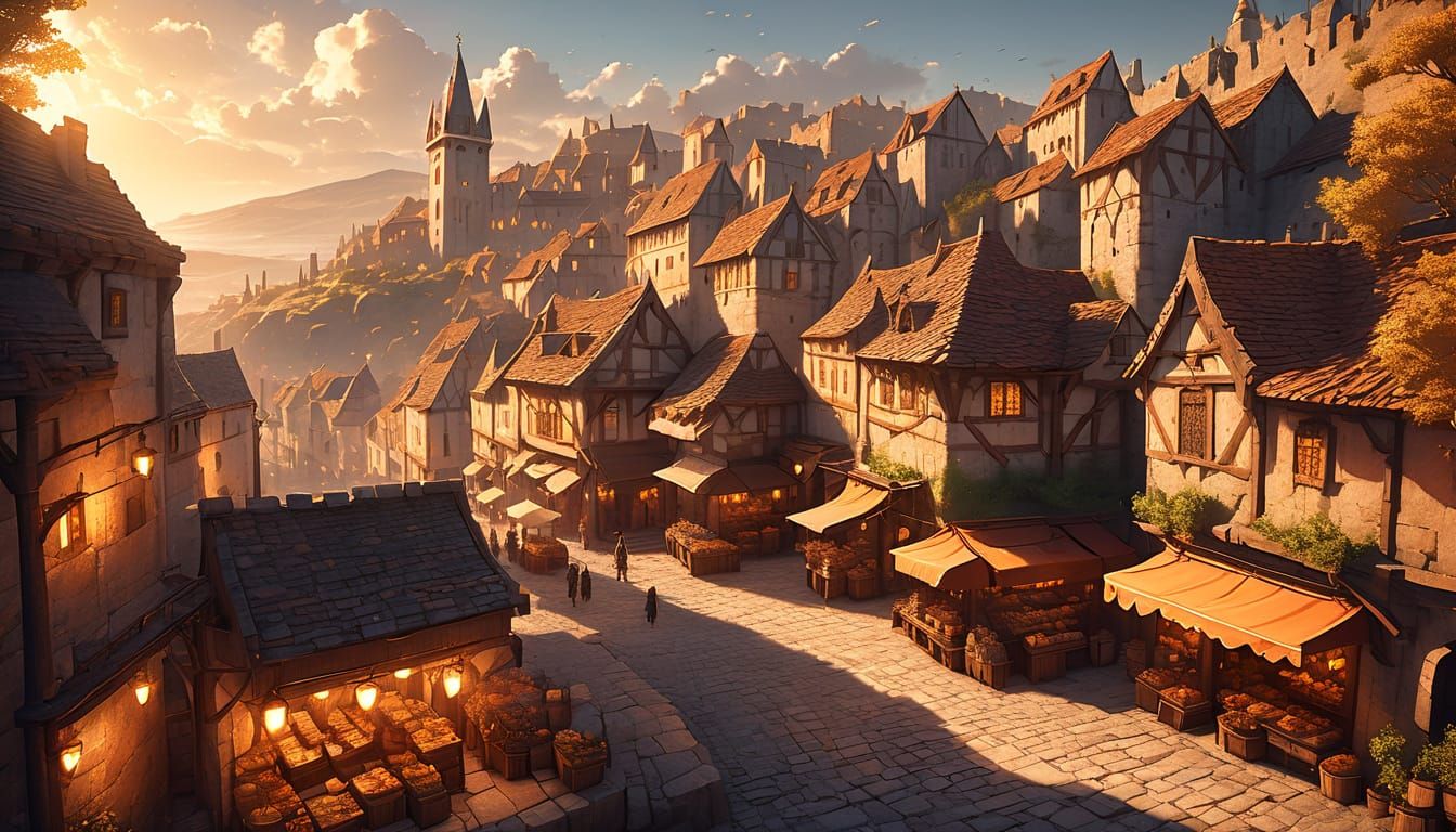 Medieval Town on Hill at Sunset in Digital Painting Style