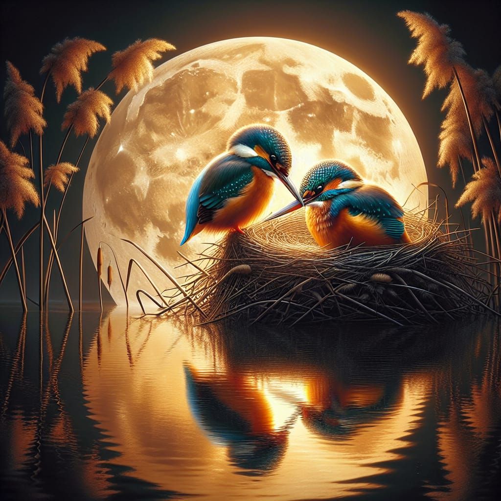 Moonlit Kingfisher Courtship in Hyper-Realism
