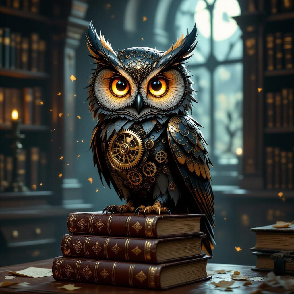 Clockwork Owl on Books in Victorian Study