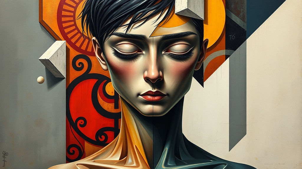 Contemplative Figure in Cubist Abstract Expressionism