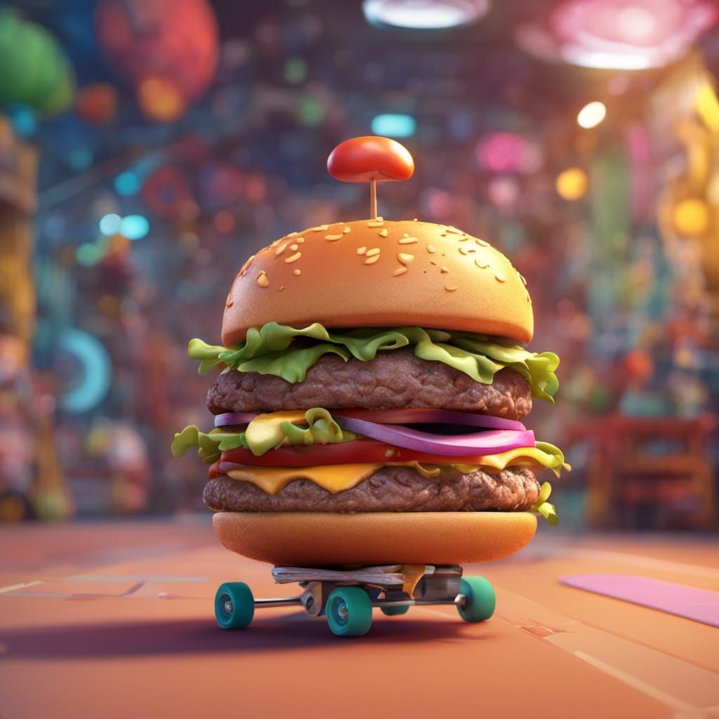 Burger Rides Skateboard: Pixar-Style 3D Digital Art