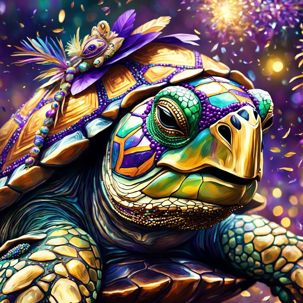 Turtle Celebrates Mardi Gras in Vibrant Digital Art