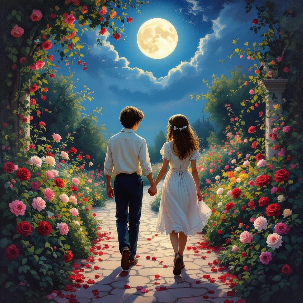 Young Lovers on Rose Path Under Moonlight